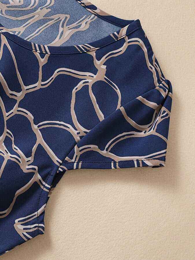 Cotton And Linen Printed Mid-Length Tie-Waist Round Neck Dress