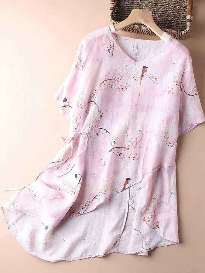 Printed Thin Vintage V-Neck Short Sleeved Shirt