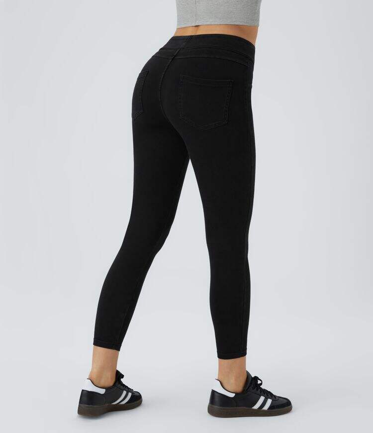 Ha High Waisted Back Side Pocket Stretchy Knit Denim Casual Leggings