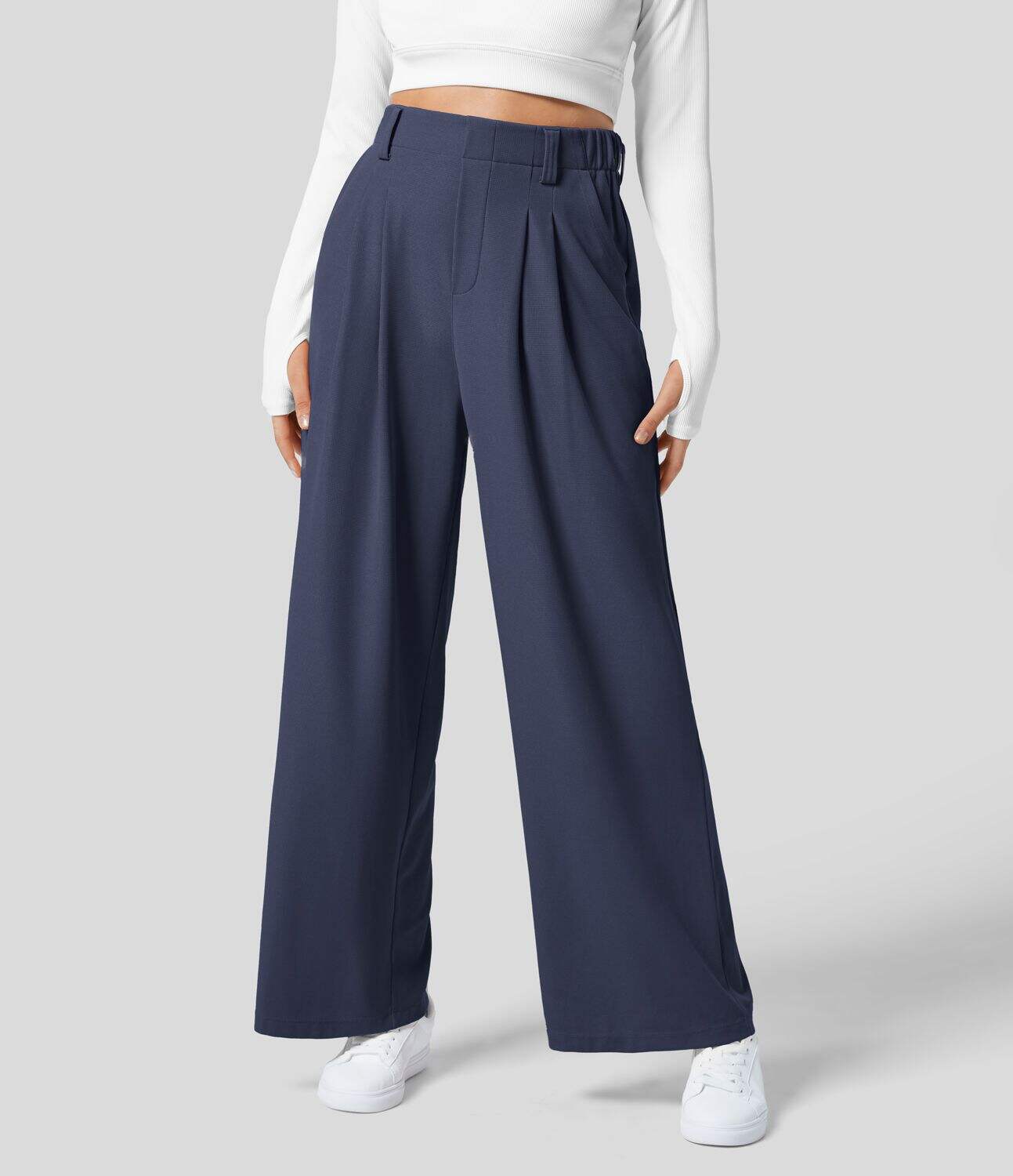 High Waisted Plicated Side Pocket Wide Leg Waffle Work Pants