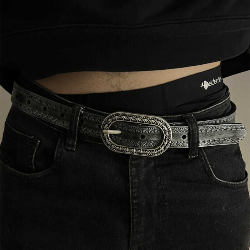 Men's Vintage Distressed Engraved Embossed Genuine Leather Belt 44748904U