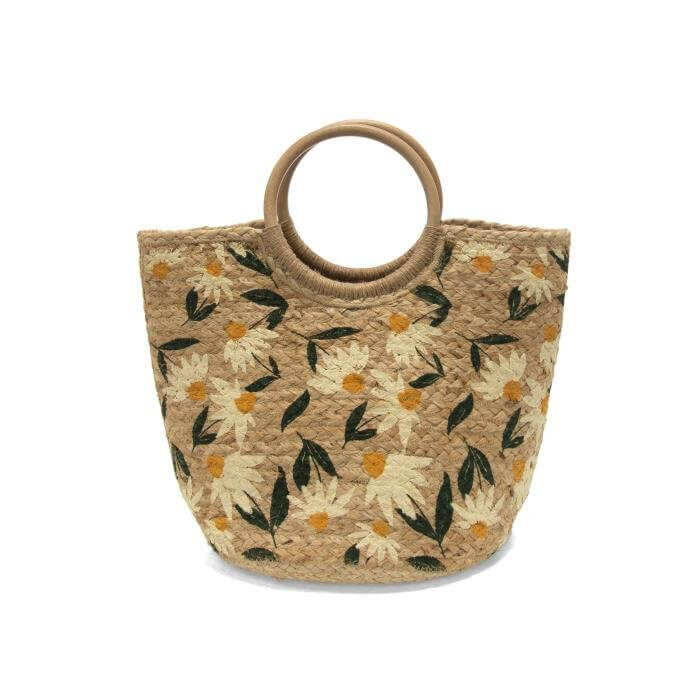 Daisy Painted Alani Jute Circle Wood Handle Tote Bag