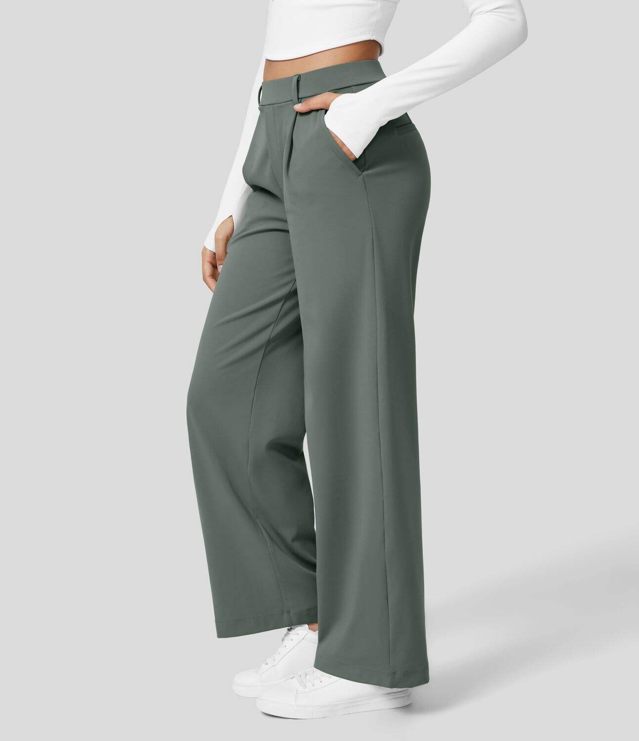 High Waisted Plicated Side Pocket Straight Leg Work Pants
