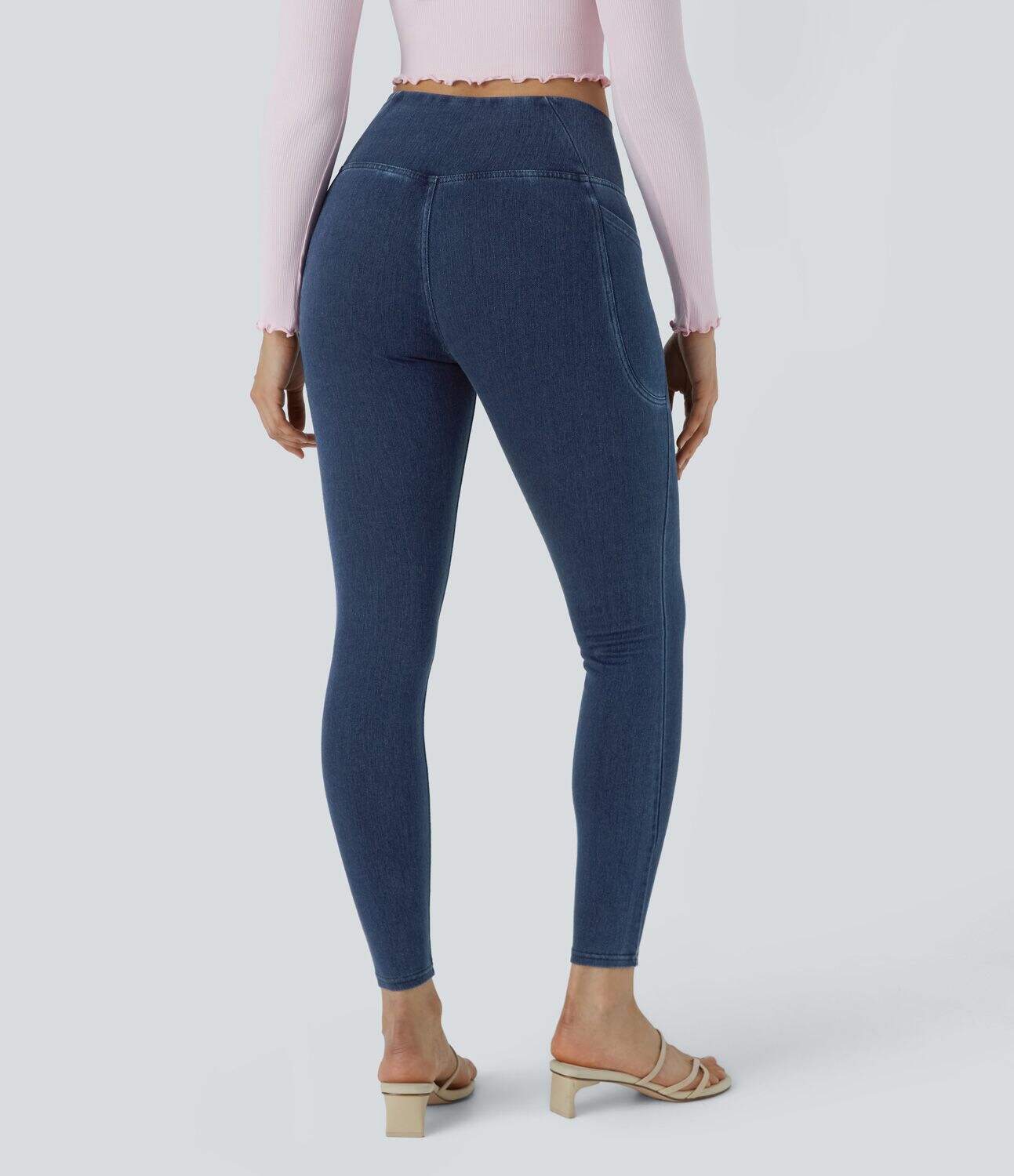 Crossover Side Pocket Washed Stretchy Knit Denim Work Leggings