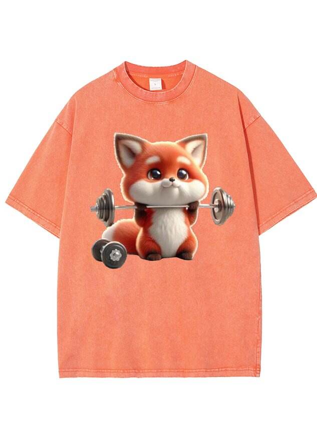 Funny Weightlifting Fox Print Washed Tee 🦊💪