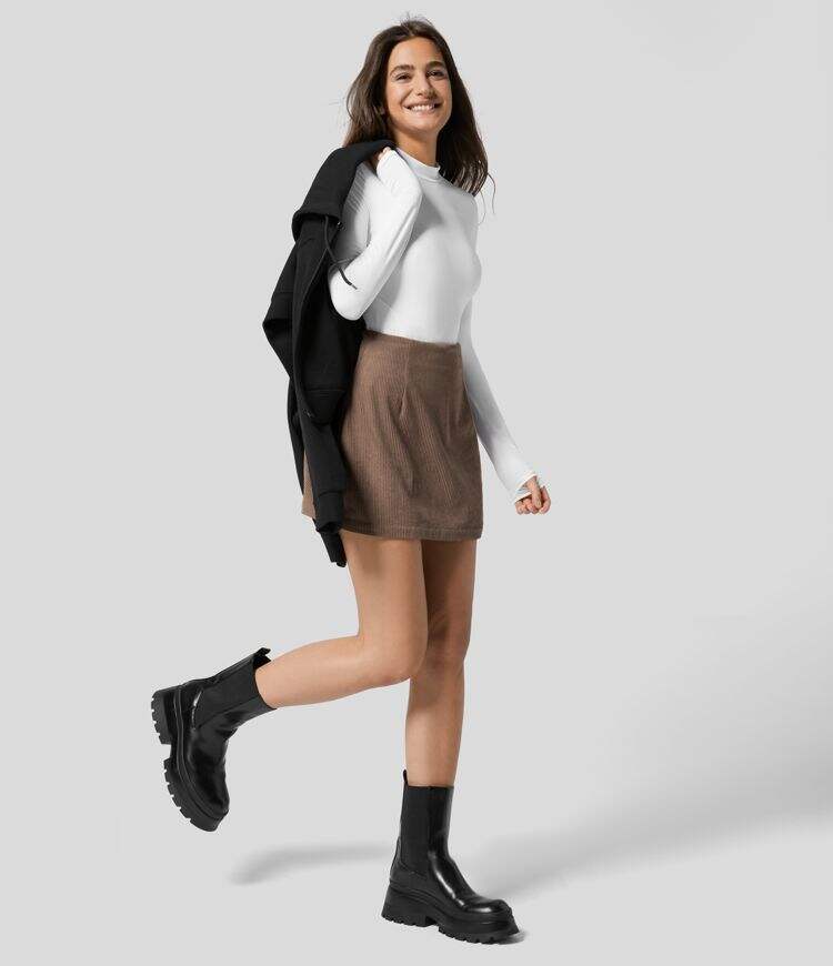 High Waisted Invisible Zipper 2-in-1 A Line Mini Corduroy Casual Skirt