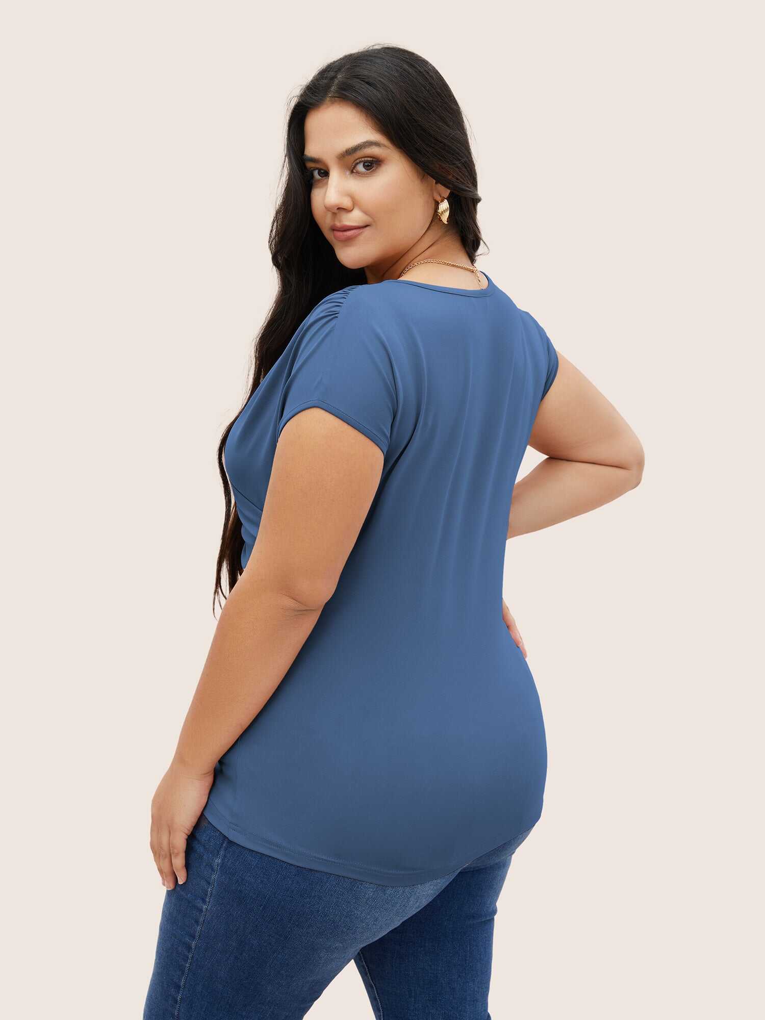 Plain Ruched Overlap Collar Dolman Sleeve Knit Top