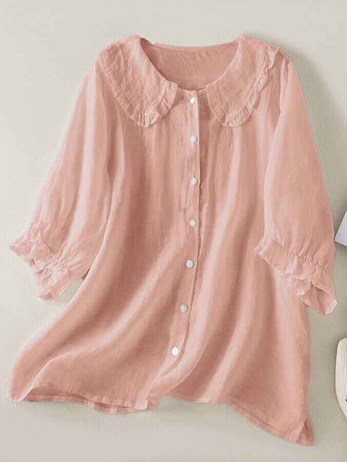Cotton Linen Loose Peter Pan Ruffles Neck Shirt