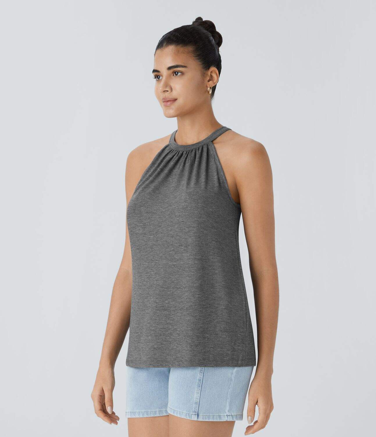 Round Neck Plicated Casual Tank Top