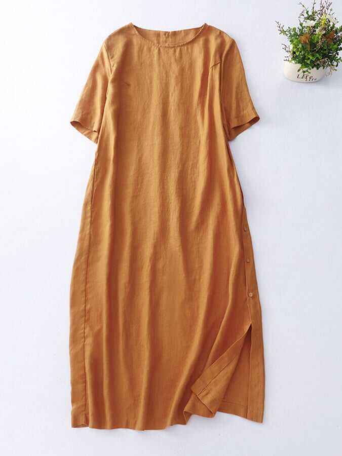 Cotton Linen Loose Short Sleeve Split Dress