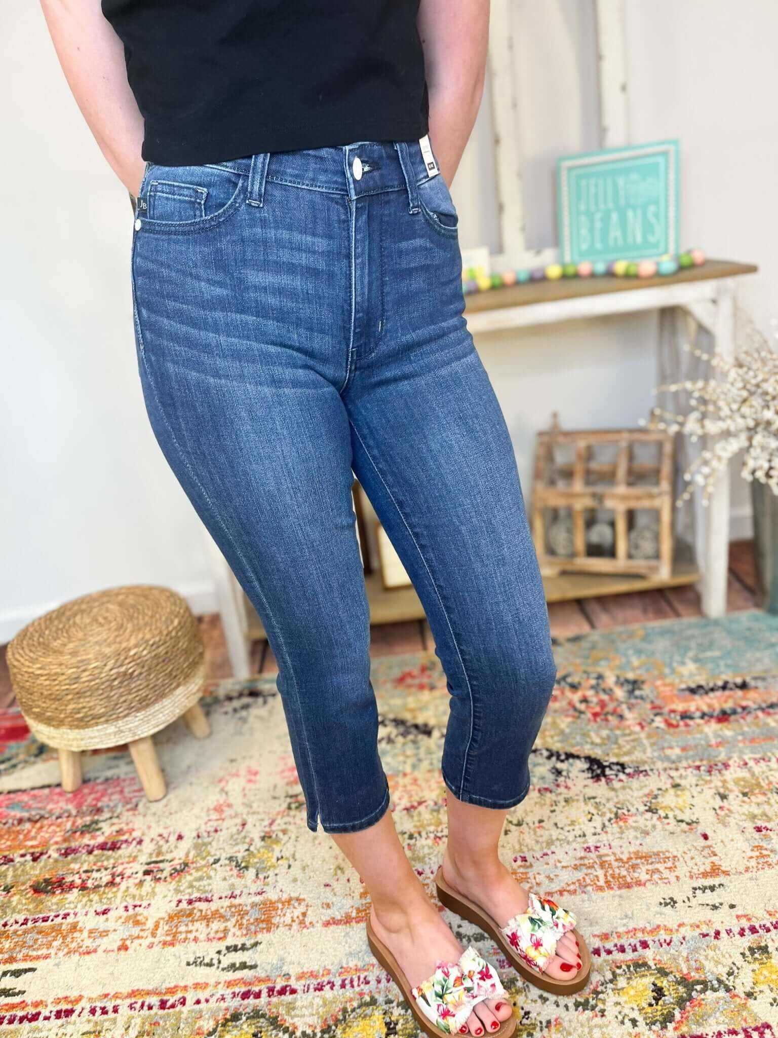 Judy Blue Dark Wash Skinny Fit Capri with Side Slit