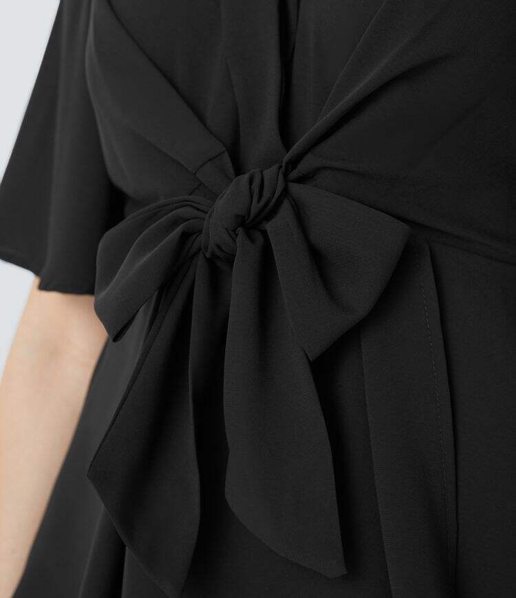 V Neck Short Sleeve Wrapped Tie Front Work Blouse