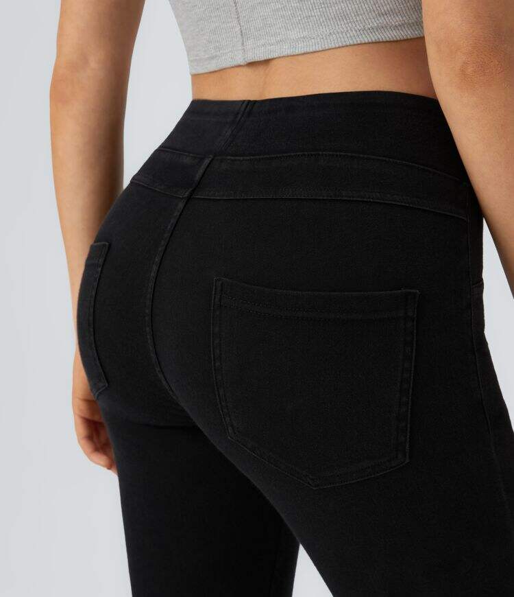 Ha High Waisted Back Side Pocket Stretchy Knit Denim Casual Leggings