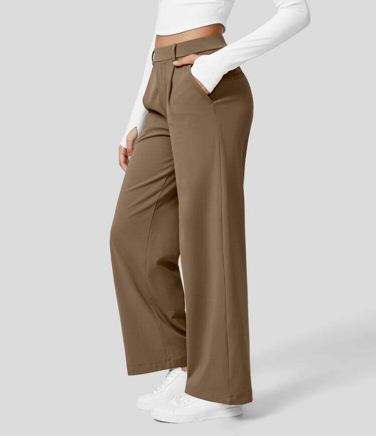 High Waisted Plicated Side Pocket Straight Leg Work Pants