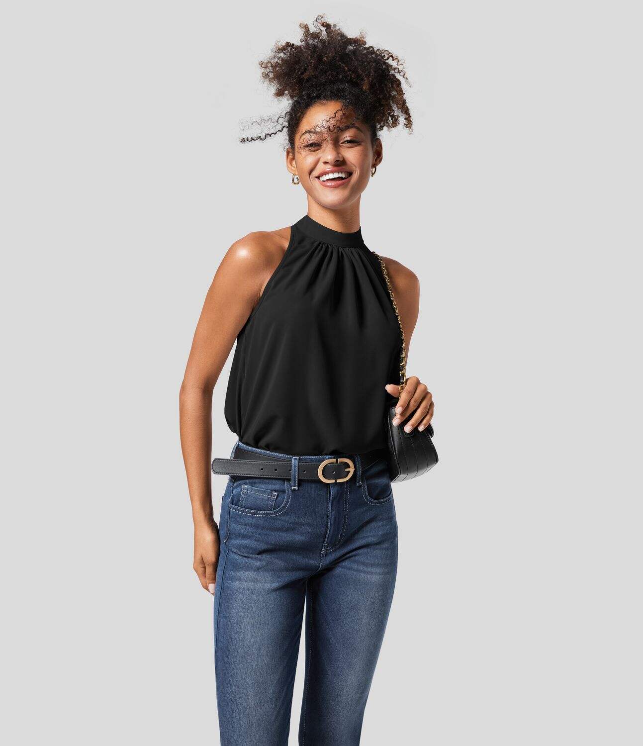 Keyhole Back Halter Plicated Sleeveless Curved Hem Work Blouse