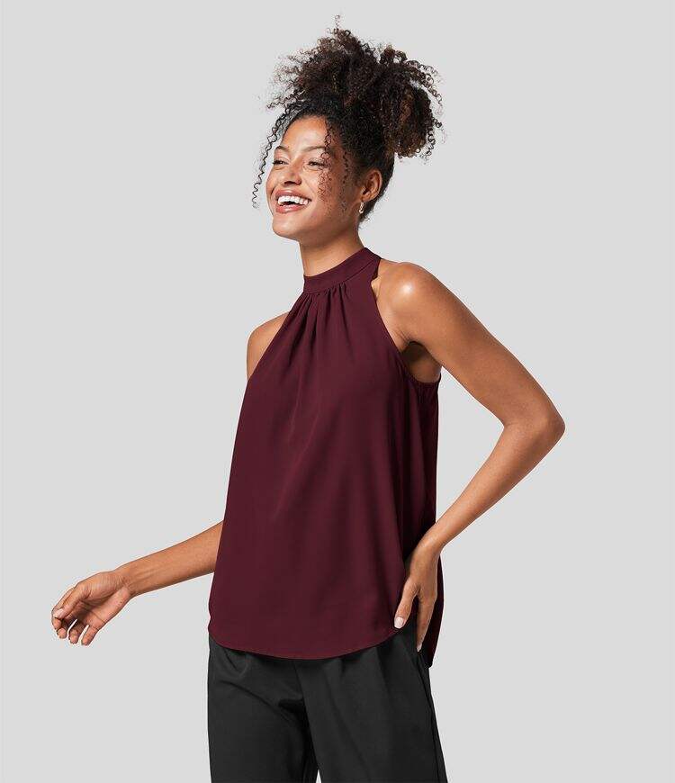 Keyhole Back Halter Plicated Sleeveless Curved Hem Work Blouse