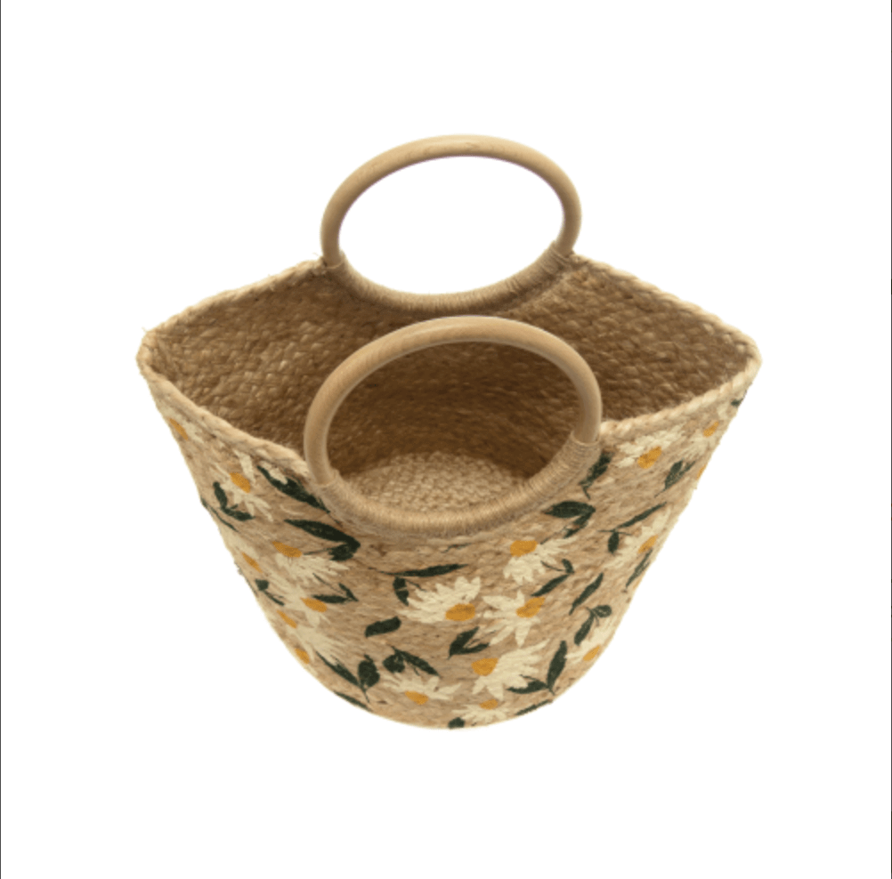 Daisy Painted Alani Jute Circle Wood Handle Tote Bag