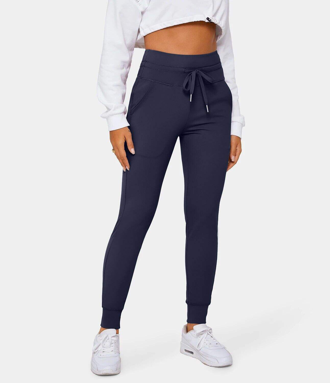 Airy High Waisted Drawstring Side Pocket Plain Cool Touch Full Length Joggers-UPF50+