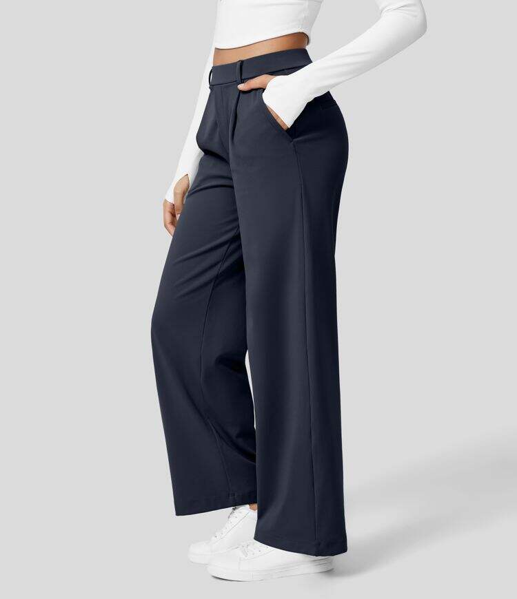 High Waisted Plicated Side Pocket Straight Leg Work Pants