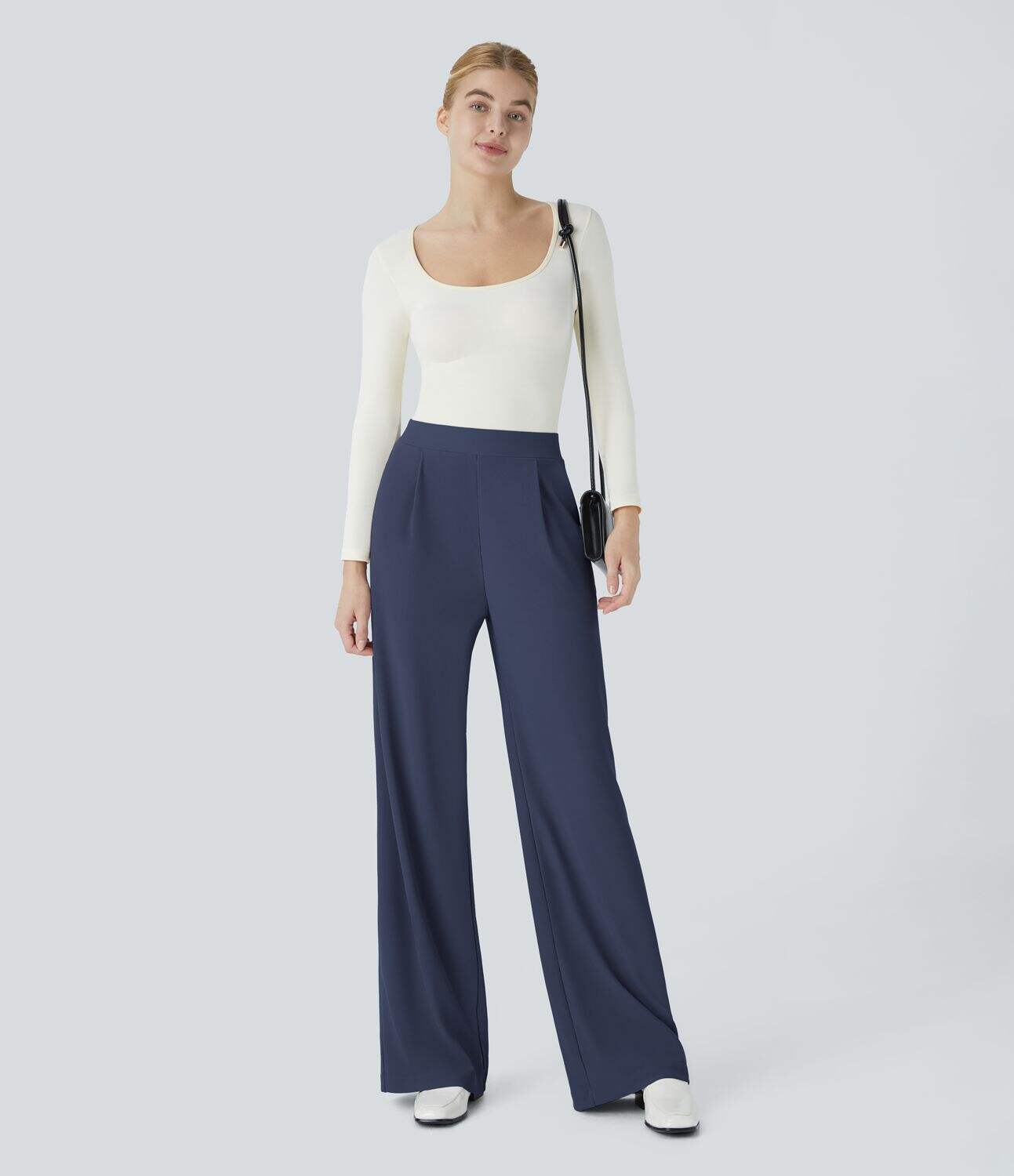 Ha High Waisted Body Sculpt Waist-Slimming Side Pocket Wide Leg Micro Waffle Work Pants