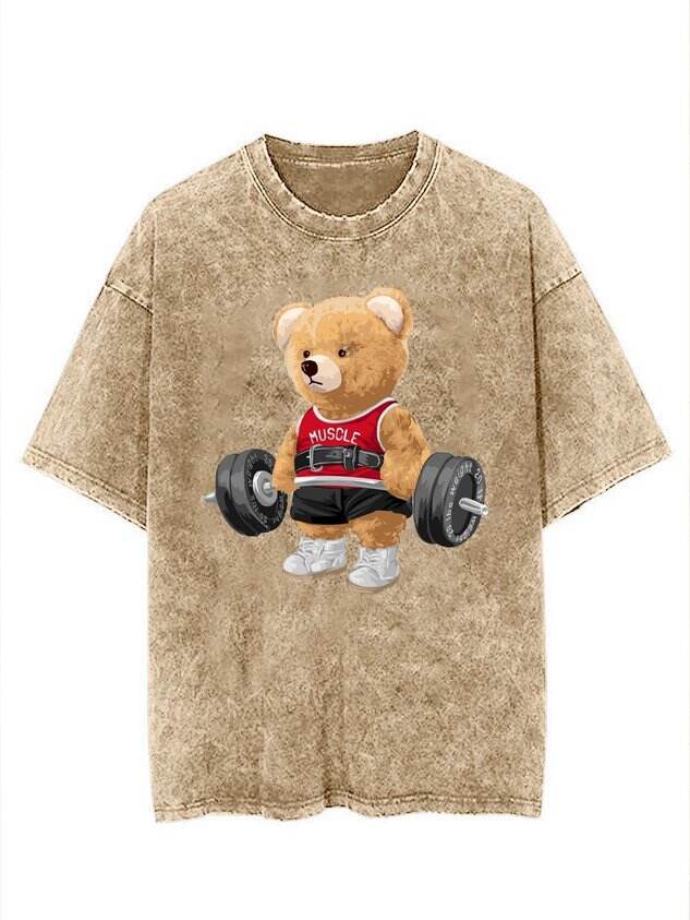 🐻 Fun Cotton Workout Bear Washed Fitness T-Shirt