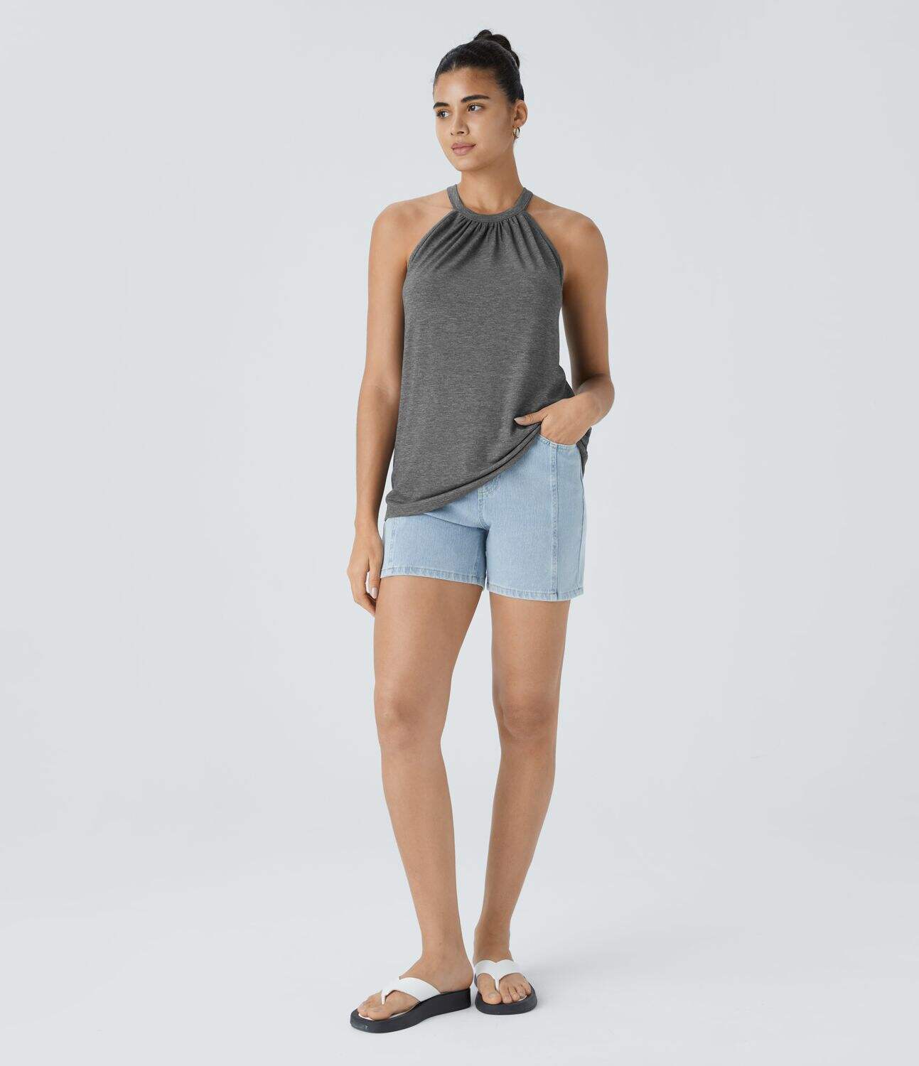 Round Neck Plicated Casual Tank Top