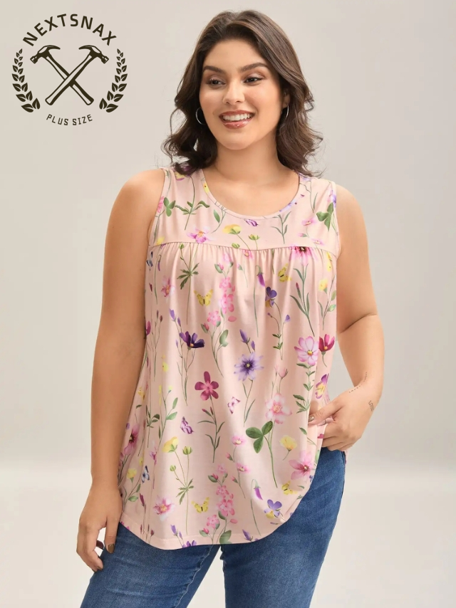 Floral Print Flowy Pleated Tank Top