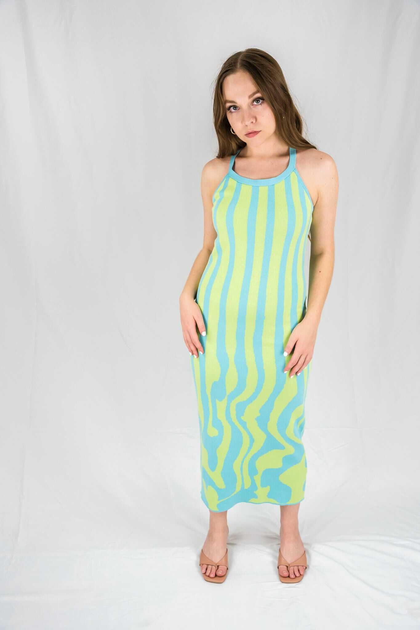 Blue and Green Melting Stripes Knit Midi Dress - SALE