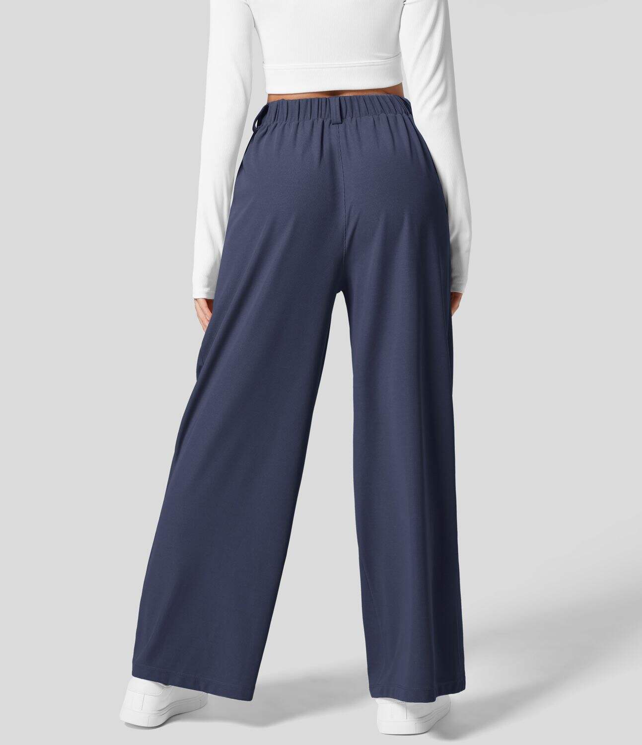 High Waisted Plicated Side Pocket Wide Leg Waffle Work Pants